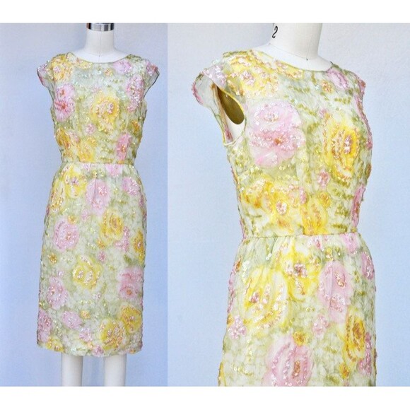 Nat Kaplan SILK Floral 50s Dress Sequined Beaded Pencil Wiggle Dress Bombshell - Picture 1 of 10